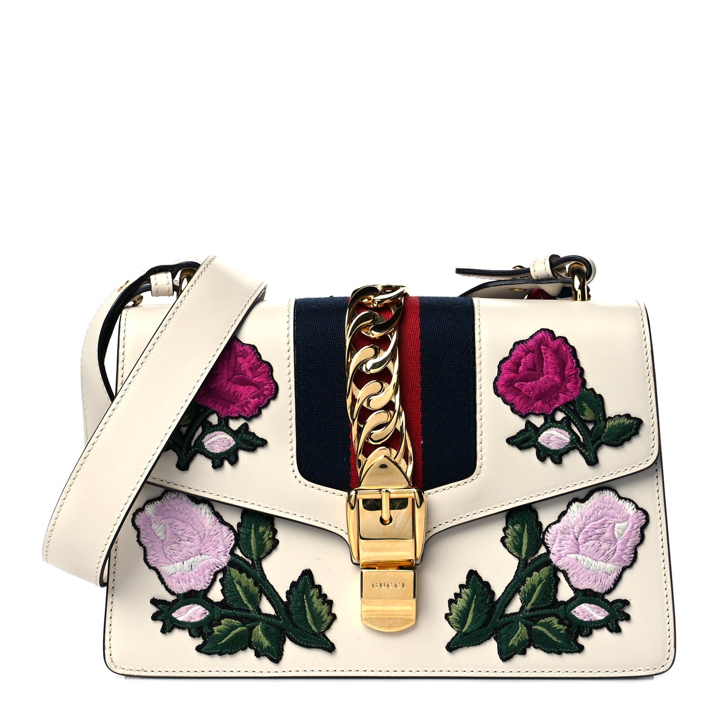 Calfskin Embroidered Small Sylvie Shoulder Bag White