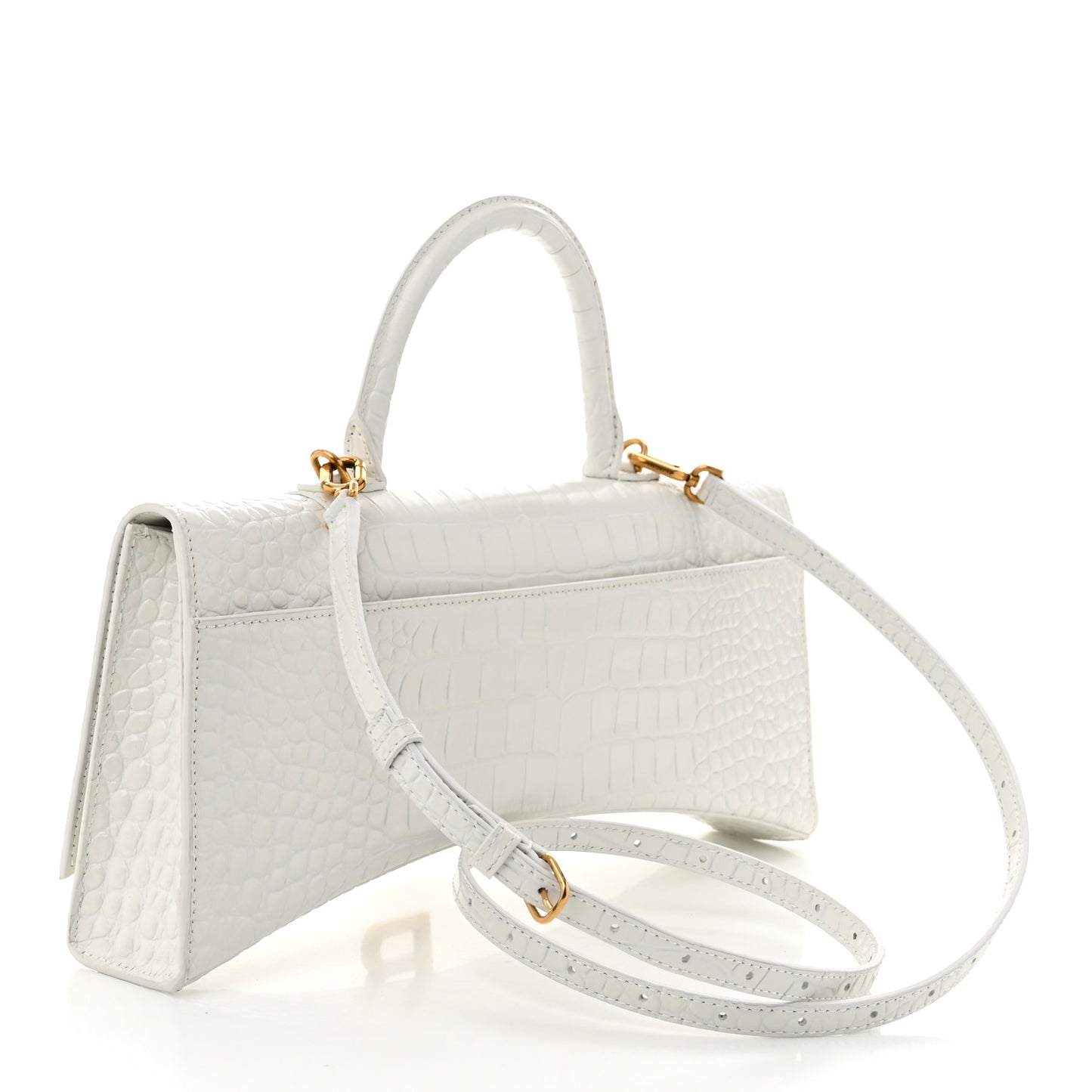 Shiny Calfskin Crocodile Embossed Tonal B Hourglass Stretch Top Handle Bag White