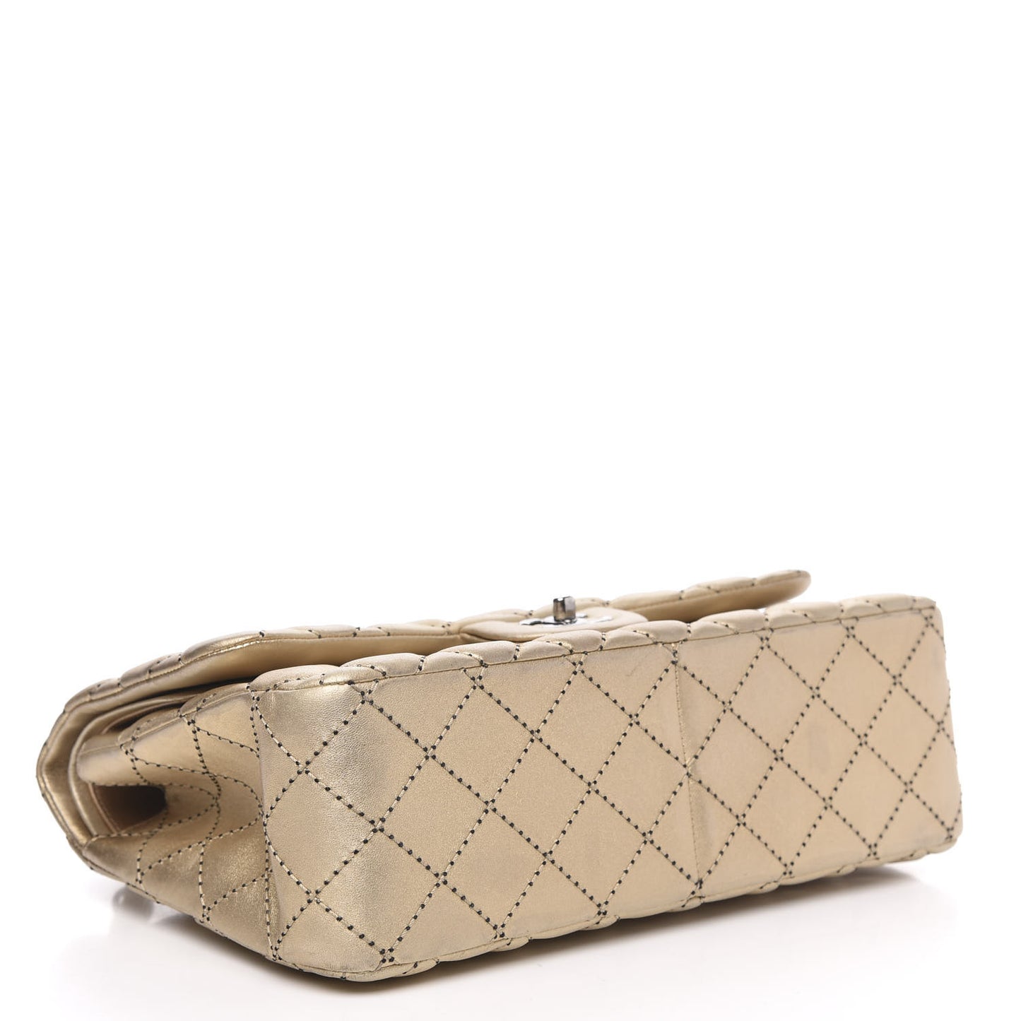 Metallic Washed Lambskin Quilted Jumbo Double Flap Dark Gold Black