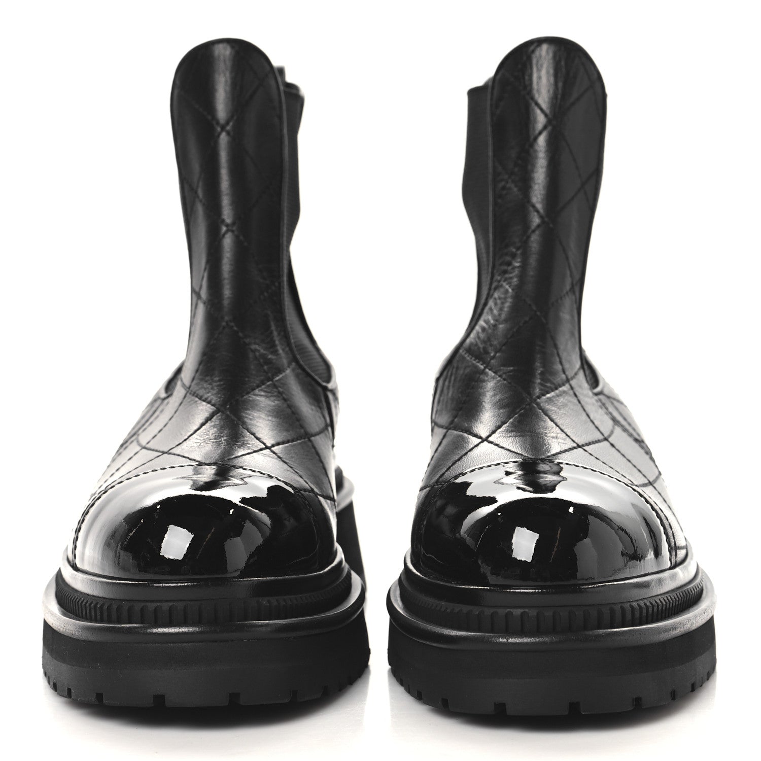 Chanel Calfskin Patent Cap Toe Quilted Short Boots 37 Black