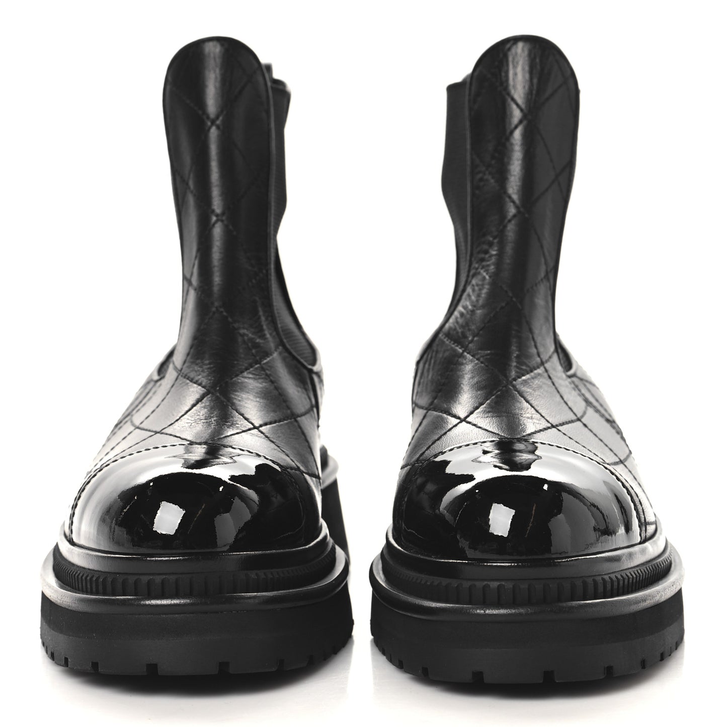 Calfskin Patent Cap Toe Quilted Short Boots 37 Black