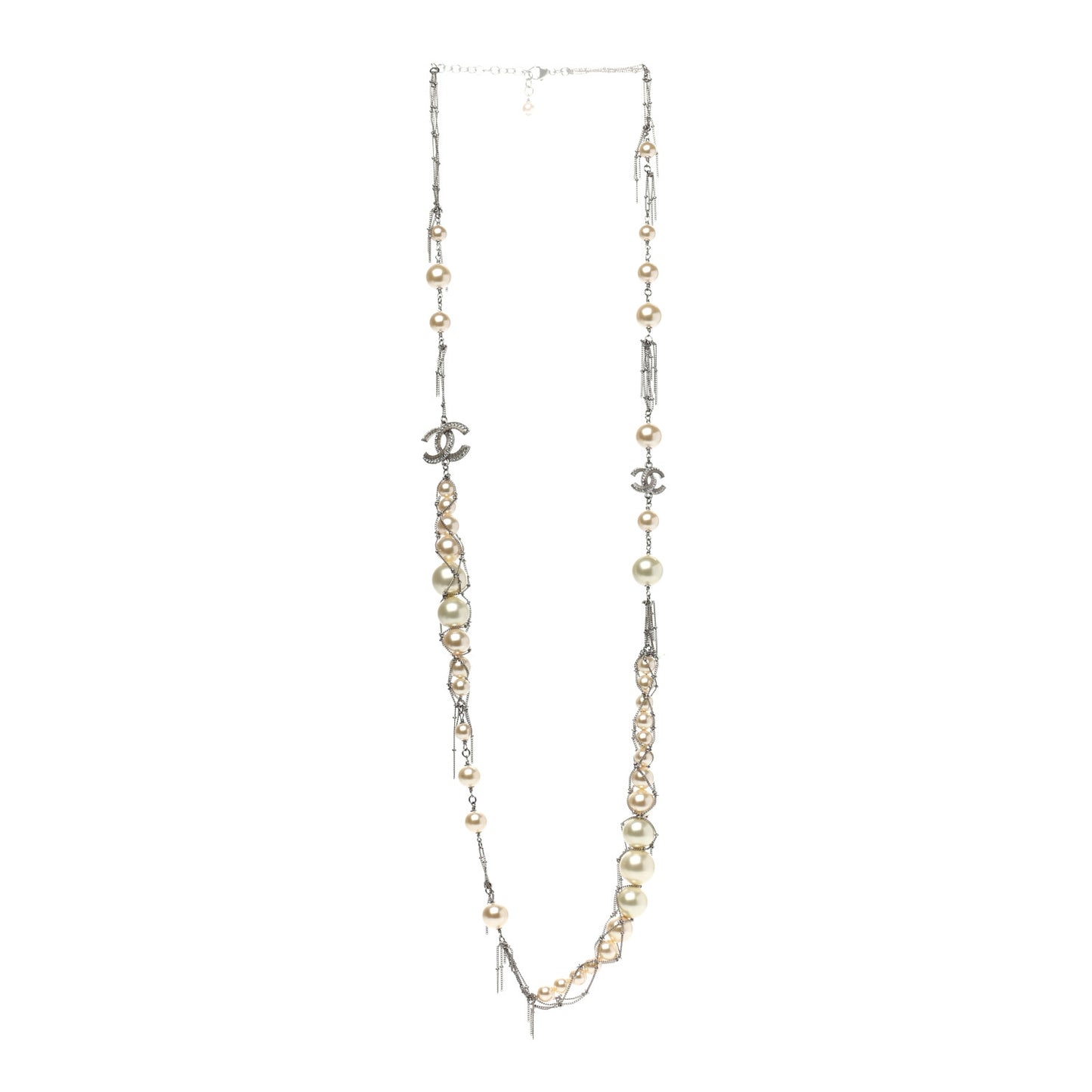 Crystal Pearl Multi Strand Chain CC Long Necklace Silver