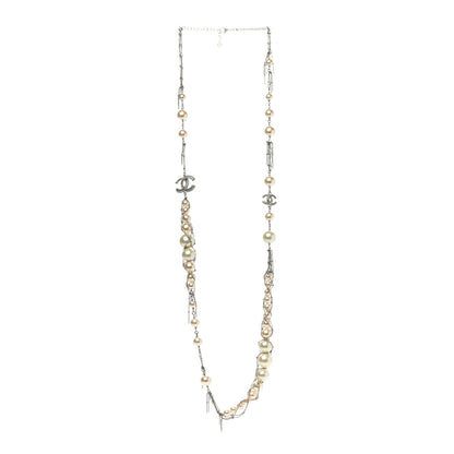 Chanel Crystal Pearl Multi Strand Chain CC Long Necklace Silver 3 of 6