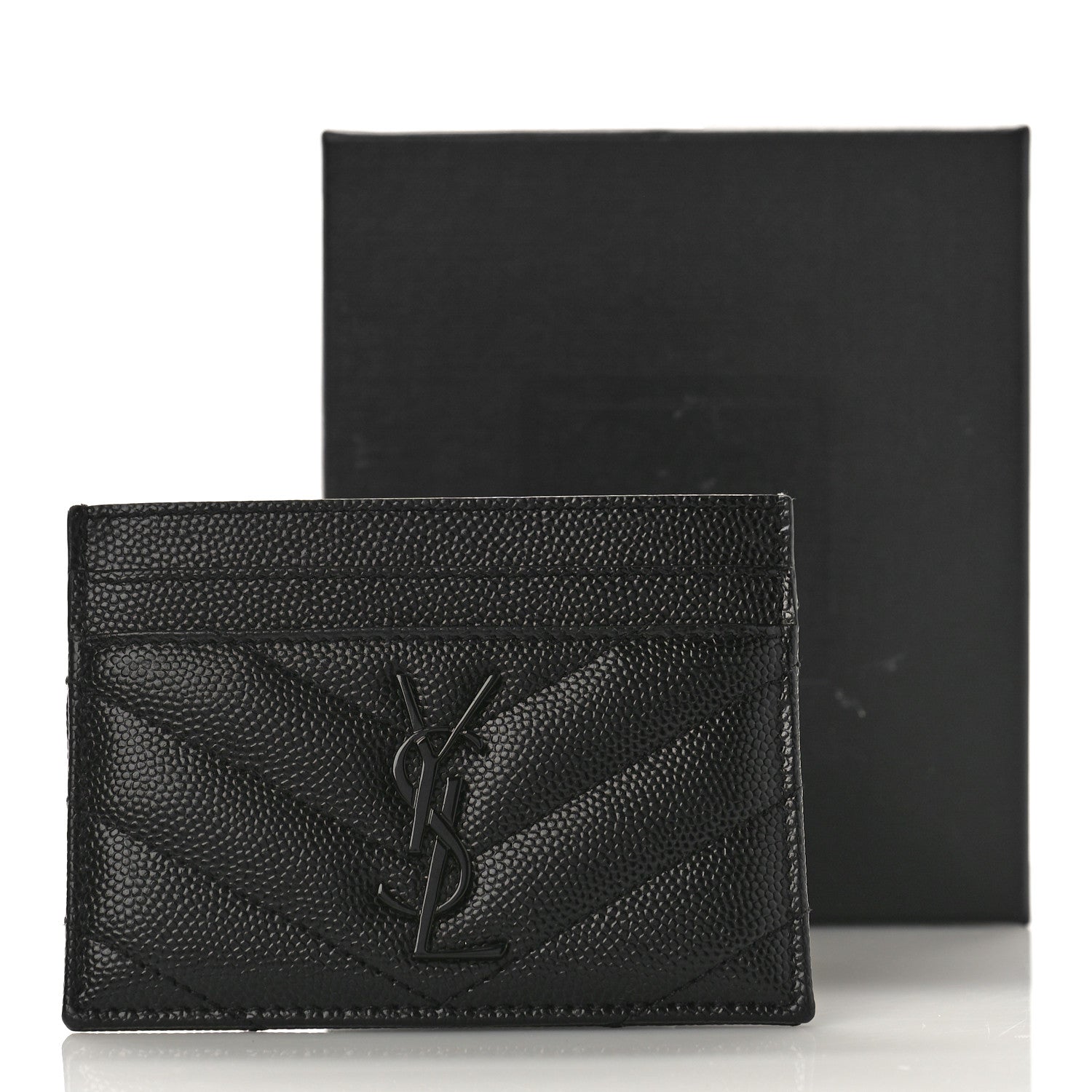 Saint Laurent Grain De Poudre Matelasse Chevron Monochrome Monogram Credit Card Case Black 9 of 9