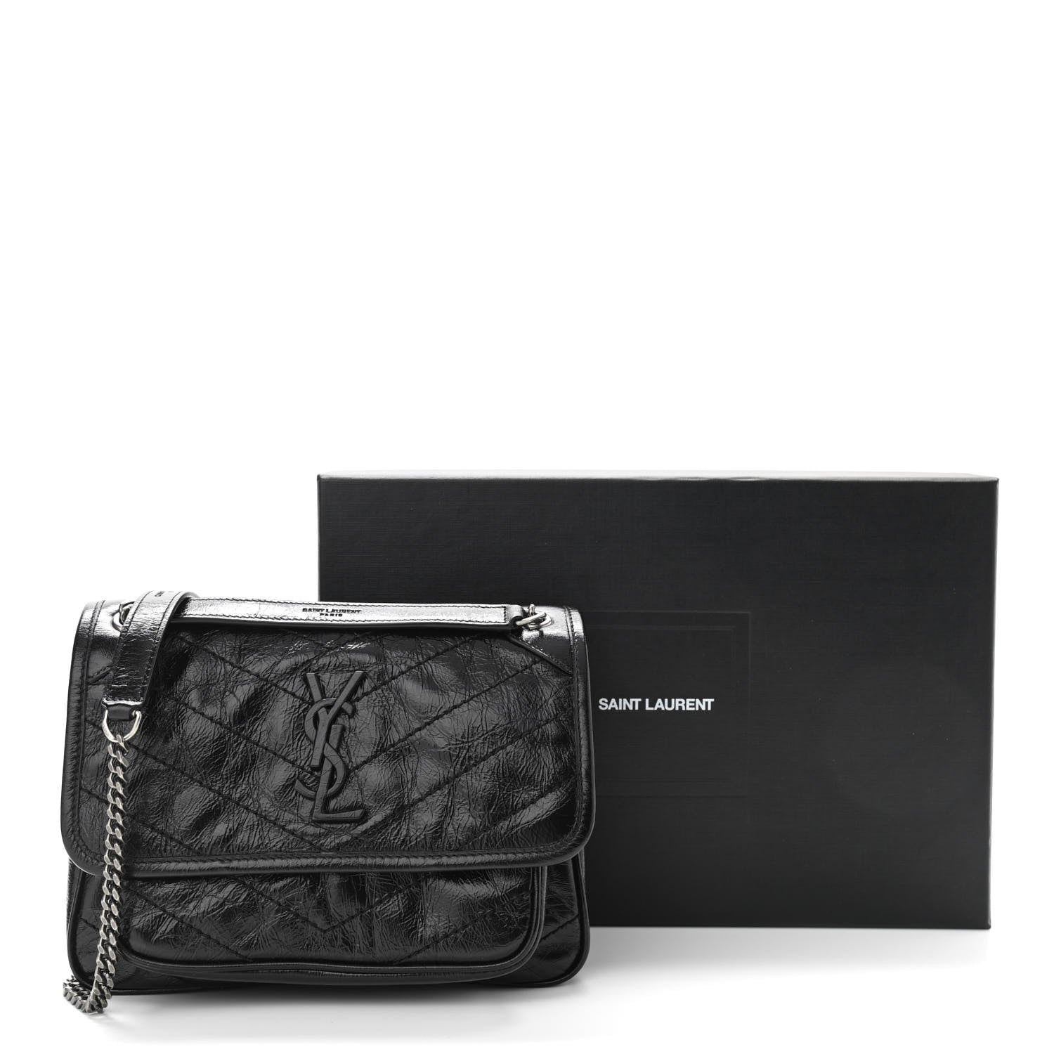 Saint Laurent Crinkled Calfskin Matelasse Monogram Baby Niki Chain Satchel Black 13 of 13