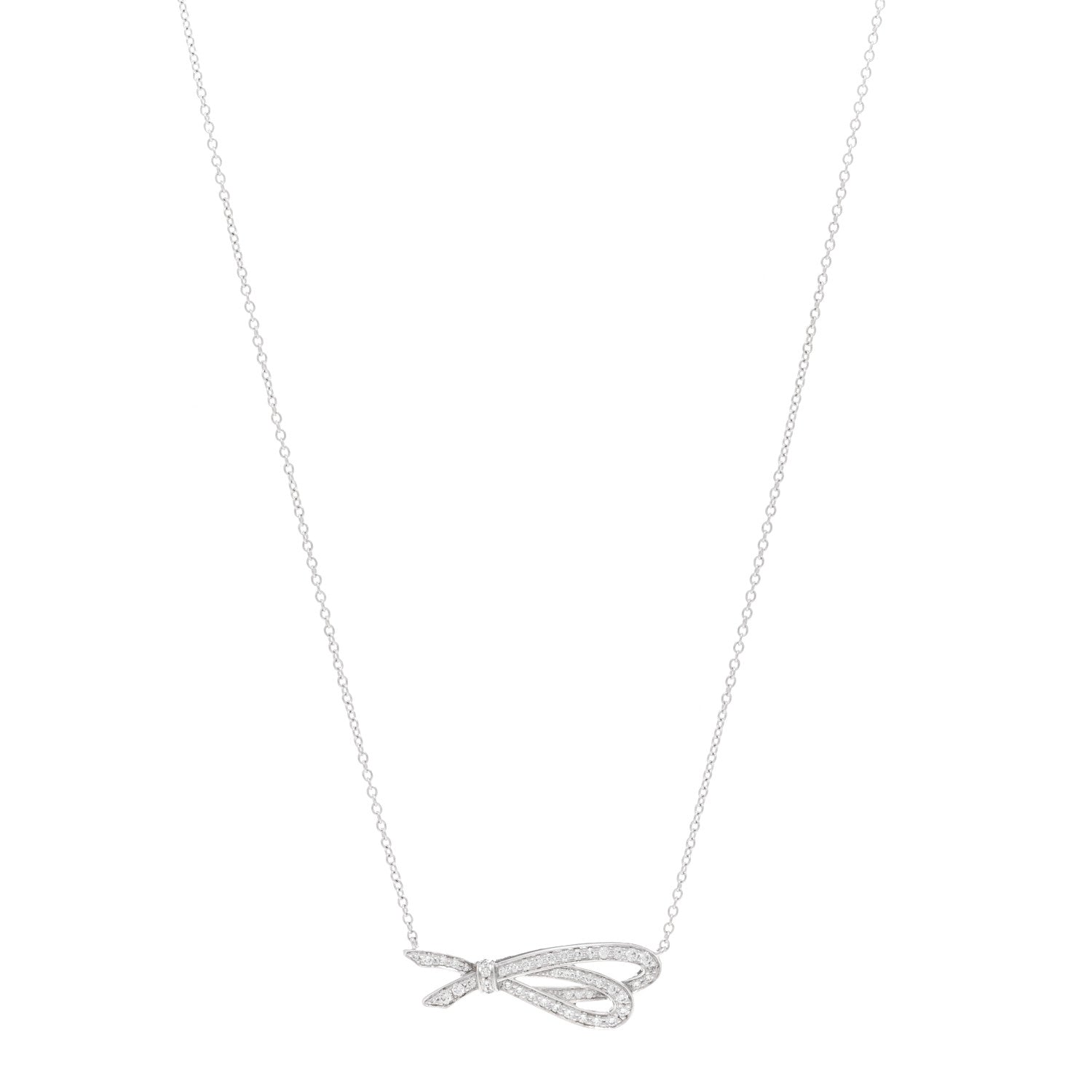 Tiffany 18K White Gold Diamond Bow Pave Pendant Necklace 1 of 4
