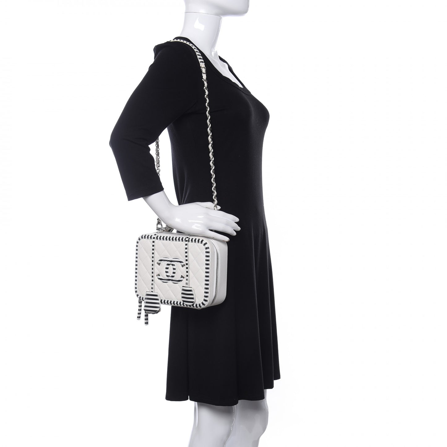 Caviar Quilted Striped Medium CC Filigree Vanity Case White Black