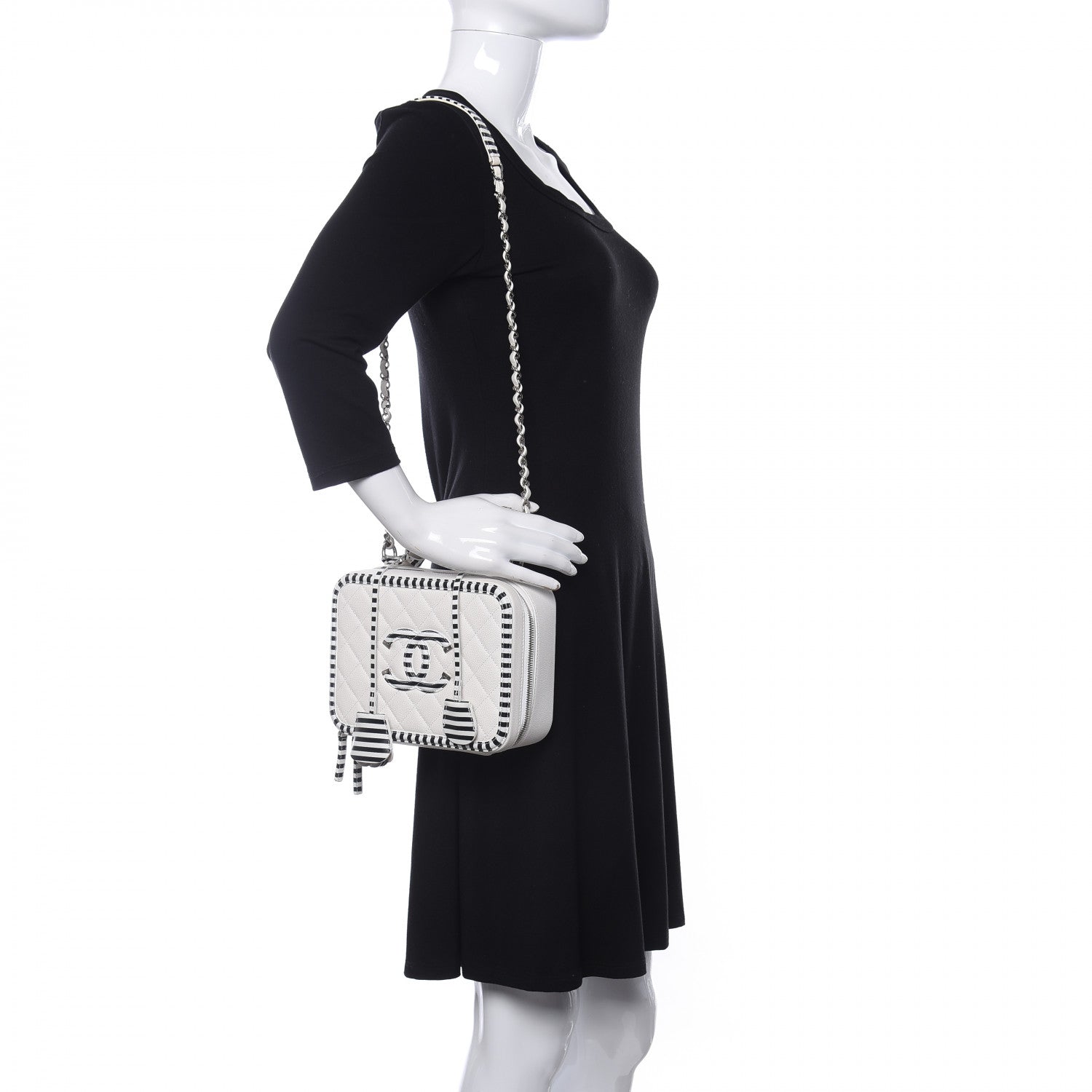 Chanel Caviar Quilted Striped Medium CC Filigree Vanity Case White Black 2 of 10