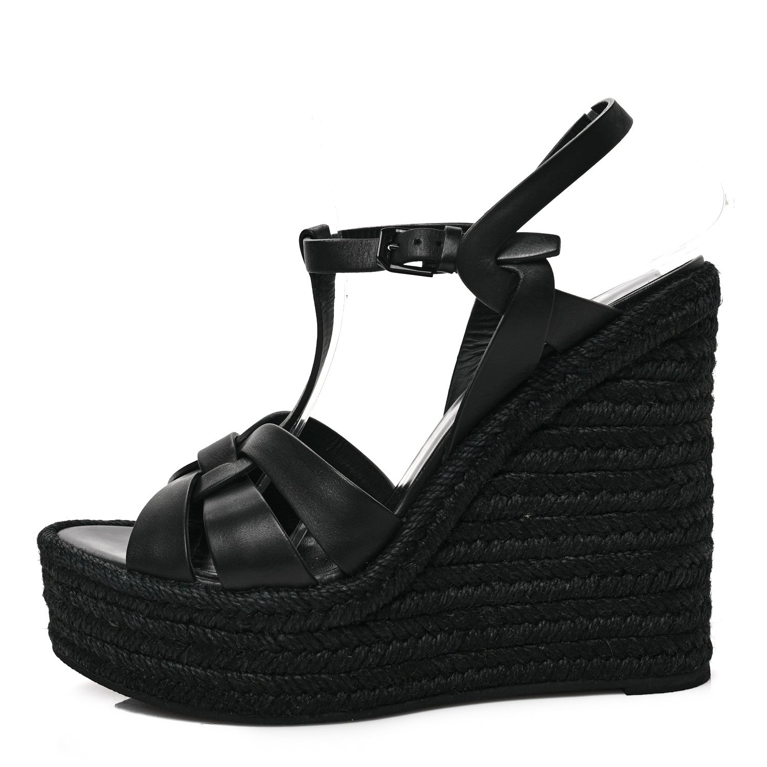 Saint Laurent Calfskin Tribute 95 Platform Espadrille Wedge Sandals 40 Black 1 of 6