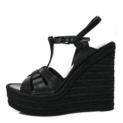 Saint Laurent Calfskin Tribute 95 Platform Espadrille Wedge Sandals 40 Black 1 of 6