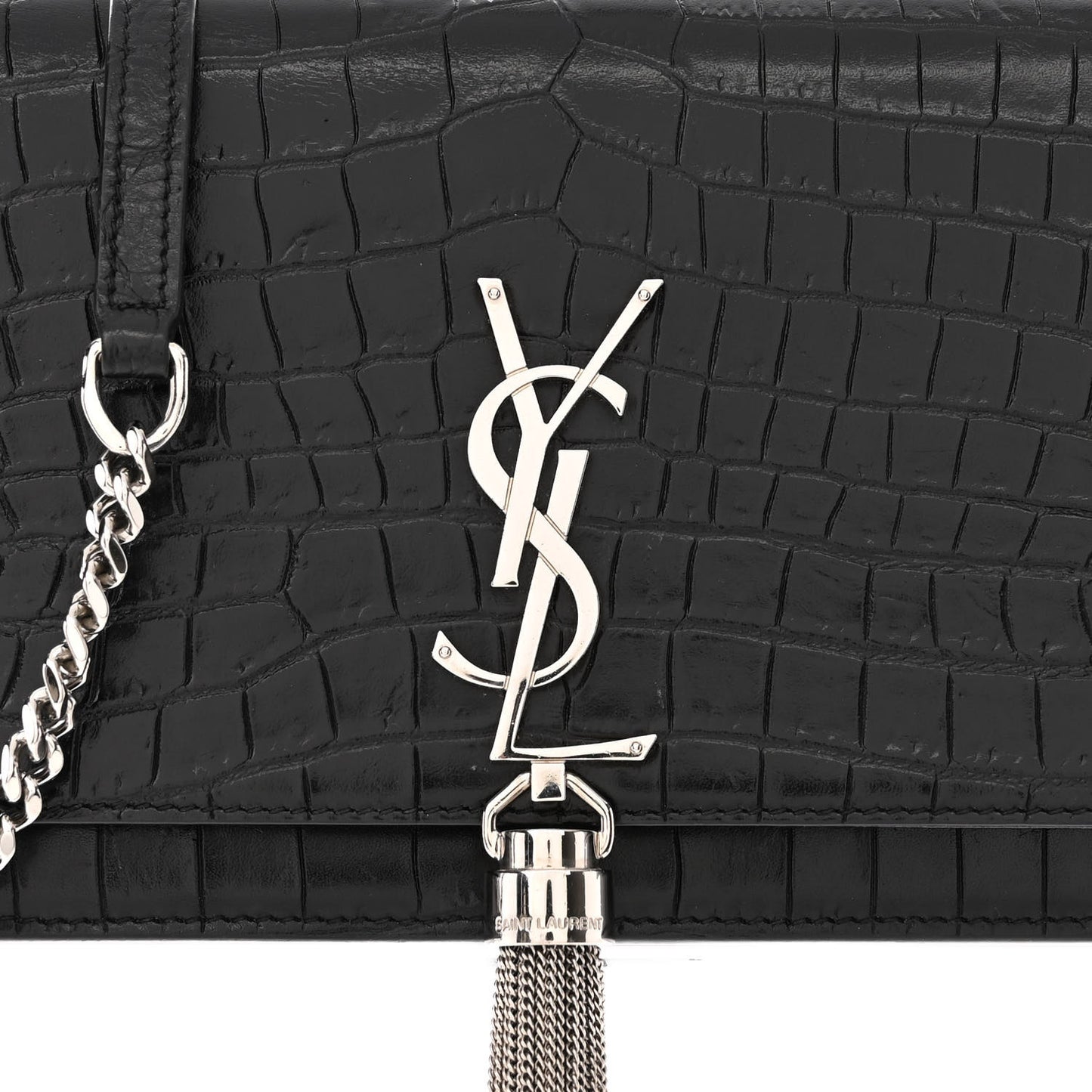 Calfskin Crocodile Embossed Medium Classic Monogram Kate Tassel Satchel Black