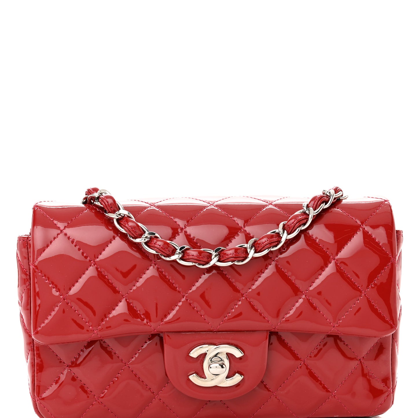 Patent Calfskin Quilted Mini Rectangular Flap Red