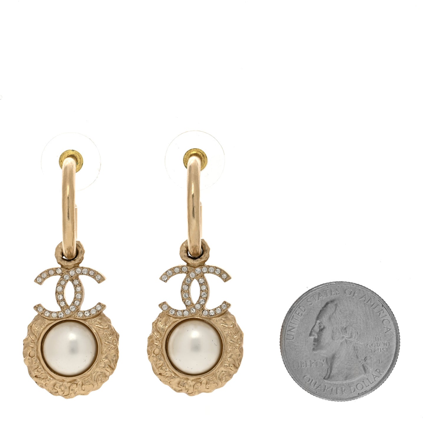 Metal Crystal Pearl Textured CC Hoop Drop Earrings Gold White