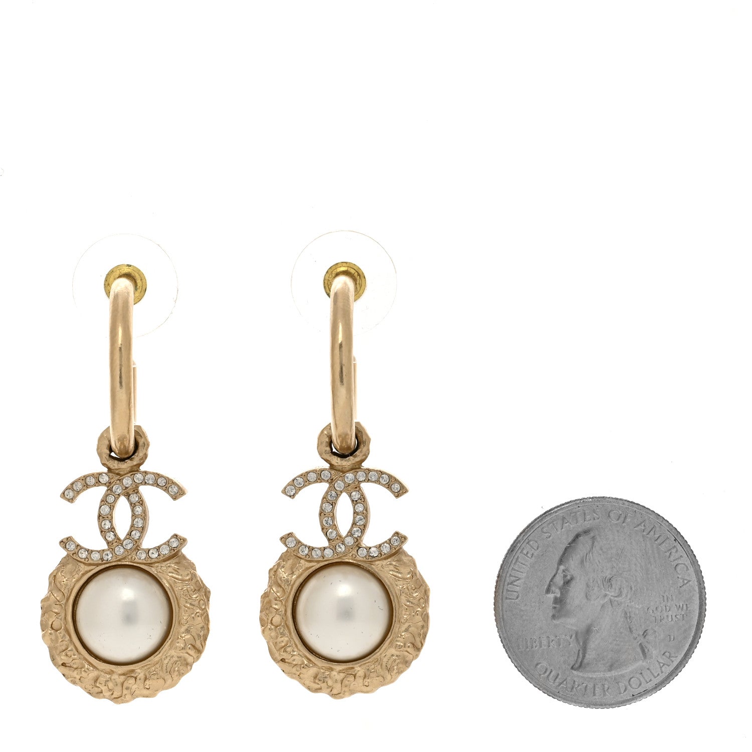 Chanel Metal Crystal Pearl Textured CC Hoop Drop Earrings Gold White 2 of 4