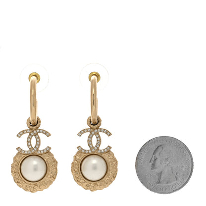 Chanel Metal Crystal Pearl Textured CC Hoop Drop Earrings Gold White 2 of 4