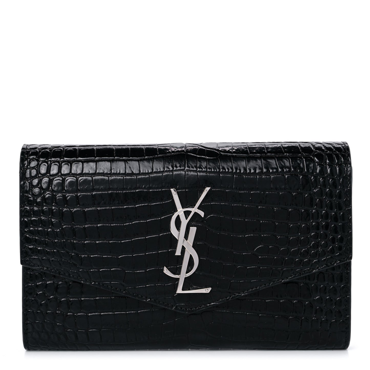 Calfskin Crocodile Embossed Monogram Uptown Chain Wallet Black