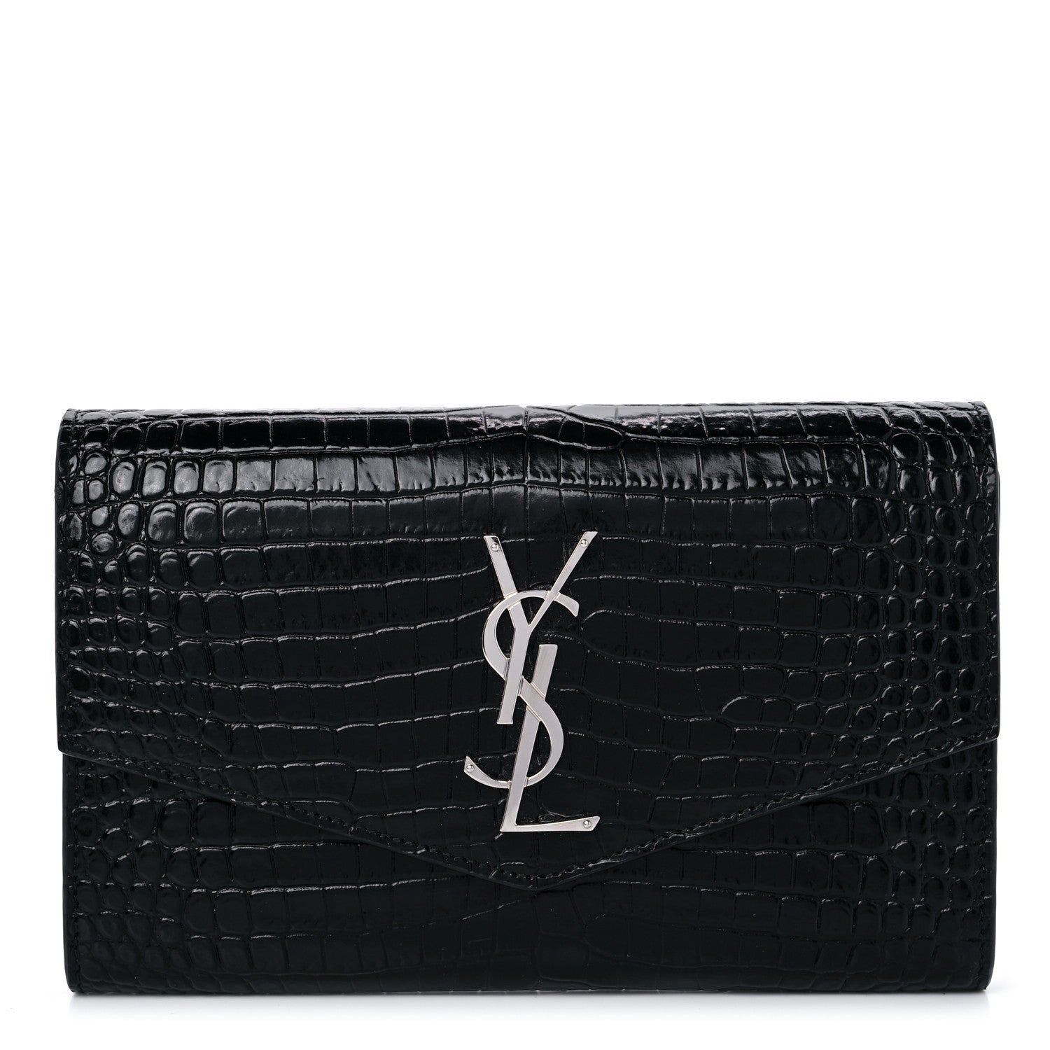 Saint Laurent Calfskin Crocodile Embossed Monogram Uptown Chain Wallet Black 2 of 11