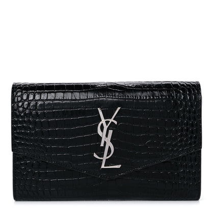 Saint Laurent Calfskin Crocodile Embossed Monogram Uptown Chain Wallet Black 2 of 11