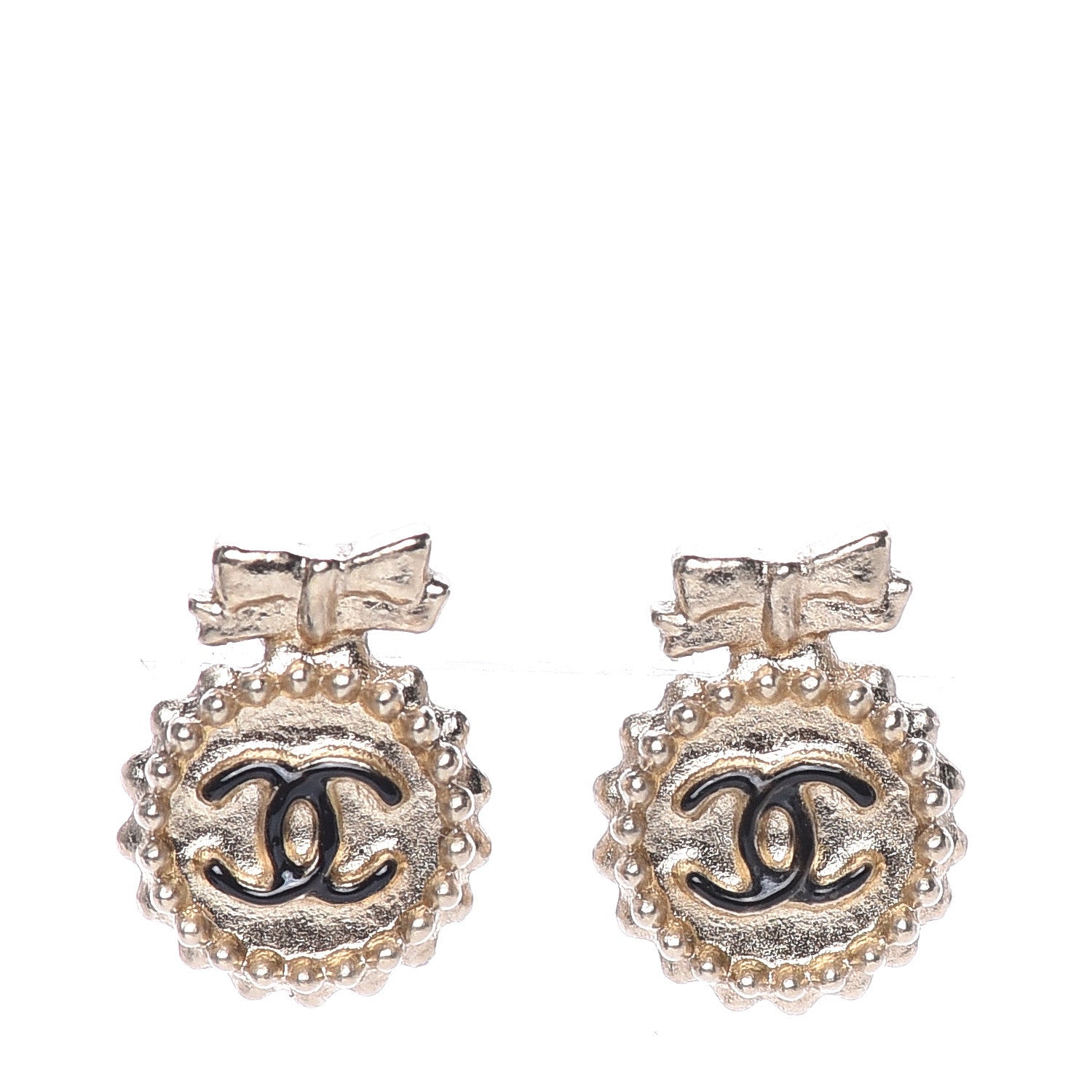 Chanel CC Bow Earrings Black Gold 1 of 5