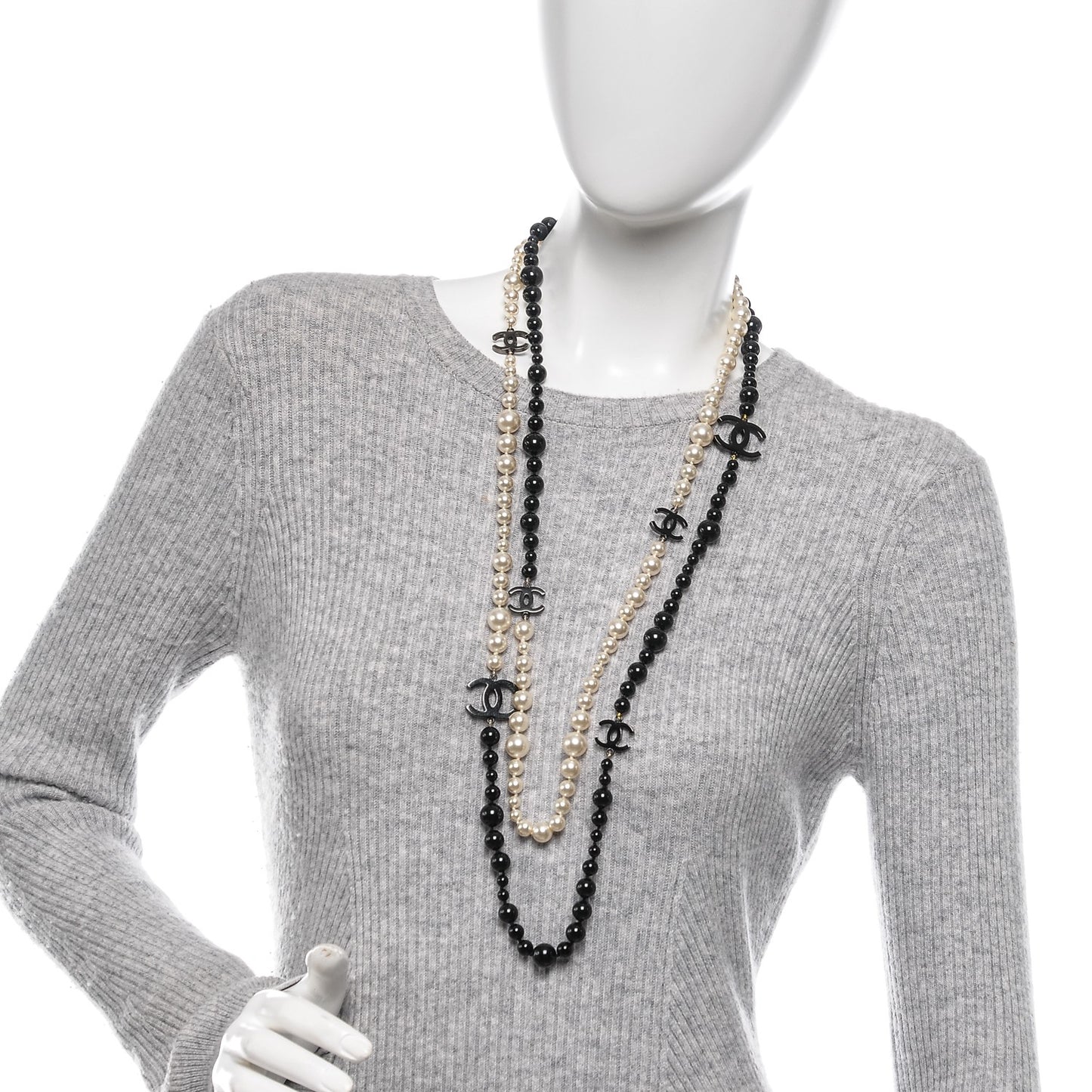 Pearl Bead CC Long Double Strand Necklace Black White