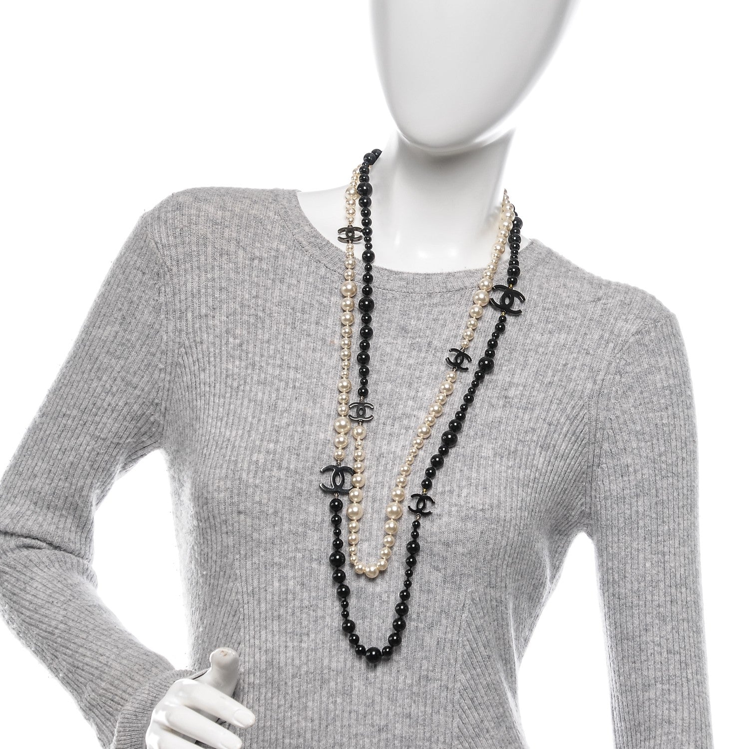 Chanel Pearl Bead CC Long Double Strand Necklace Black White 2 of 6