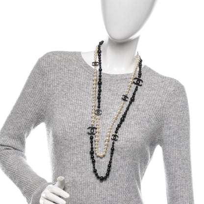Chanel Pearl Bead CC Long Double Strand Necklace Black White 2 of 6