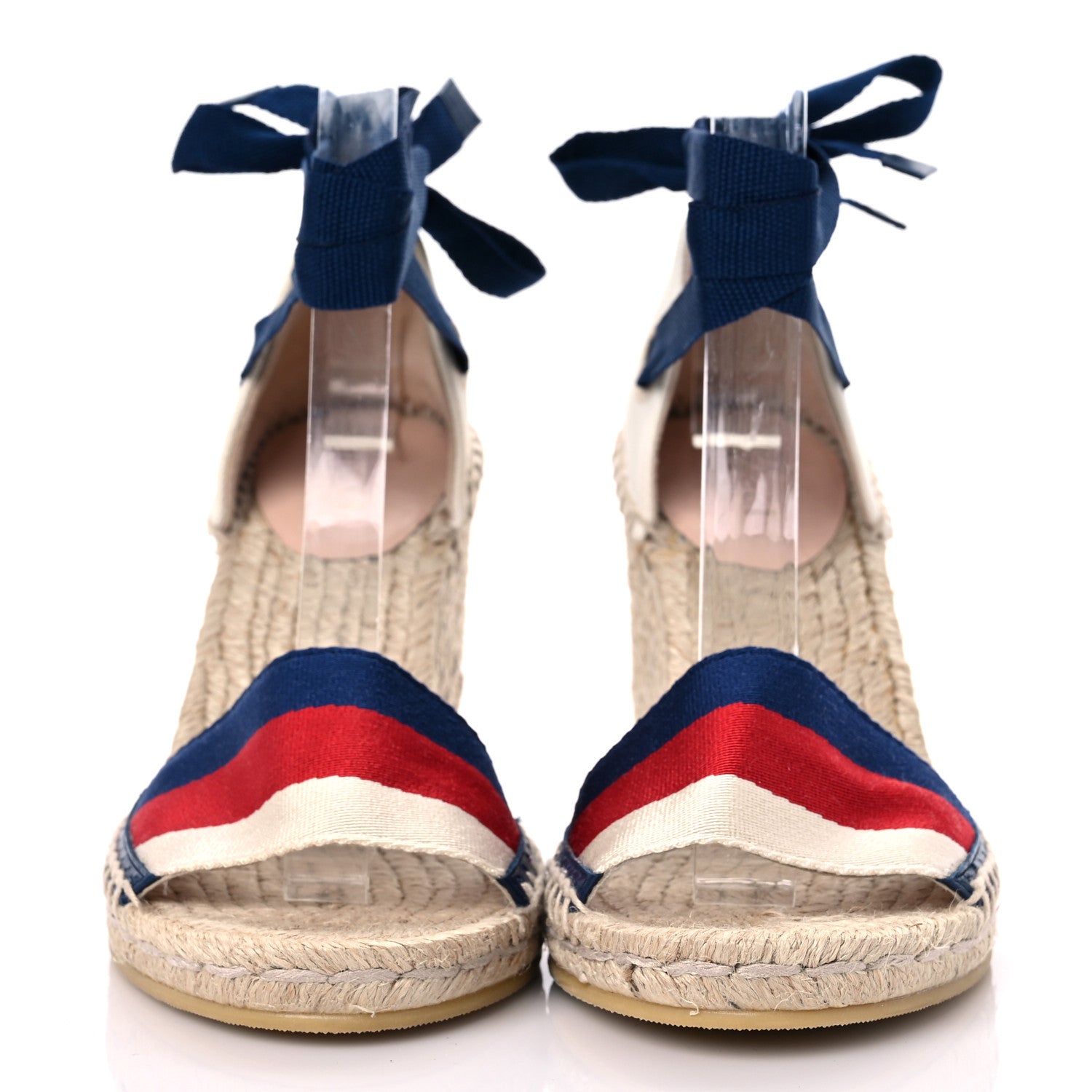 Gucci Canvas Sylvie Web Ankle Wrap Espadrille Wedge Sandals 36 Mystic White Hibiscus Red Maritime 2 of 12