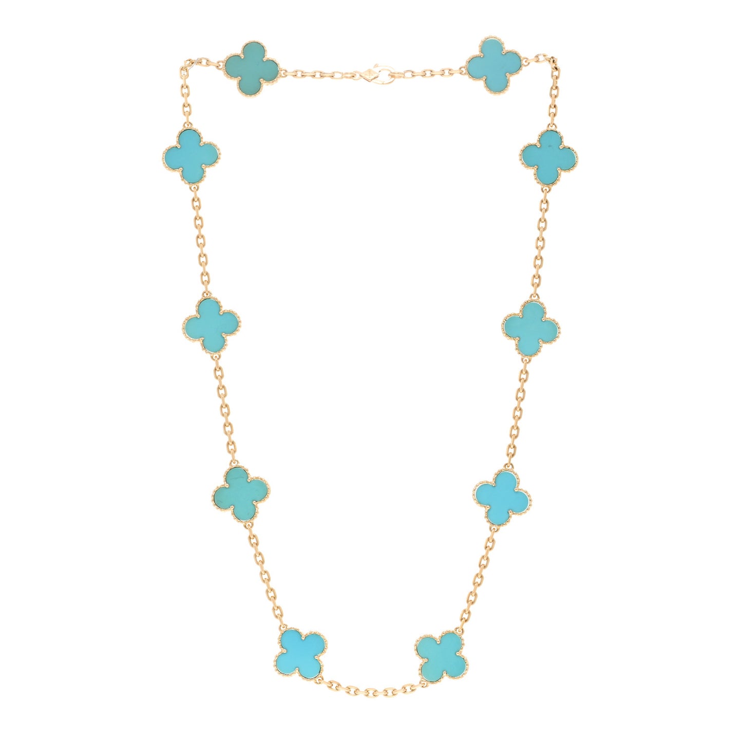 18K Yellow Gold Turquoise 10 Motifs Vintage Alhambra Necklace