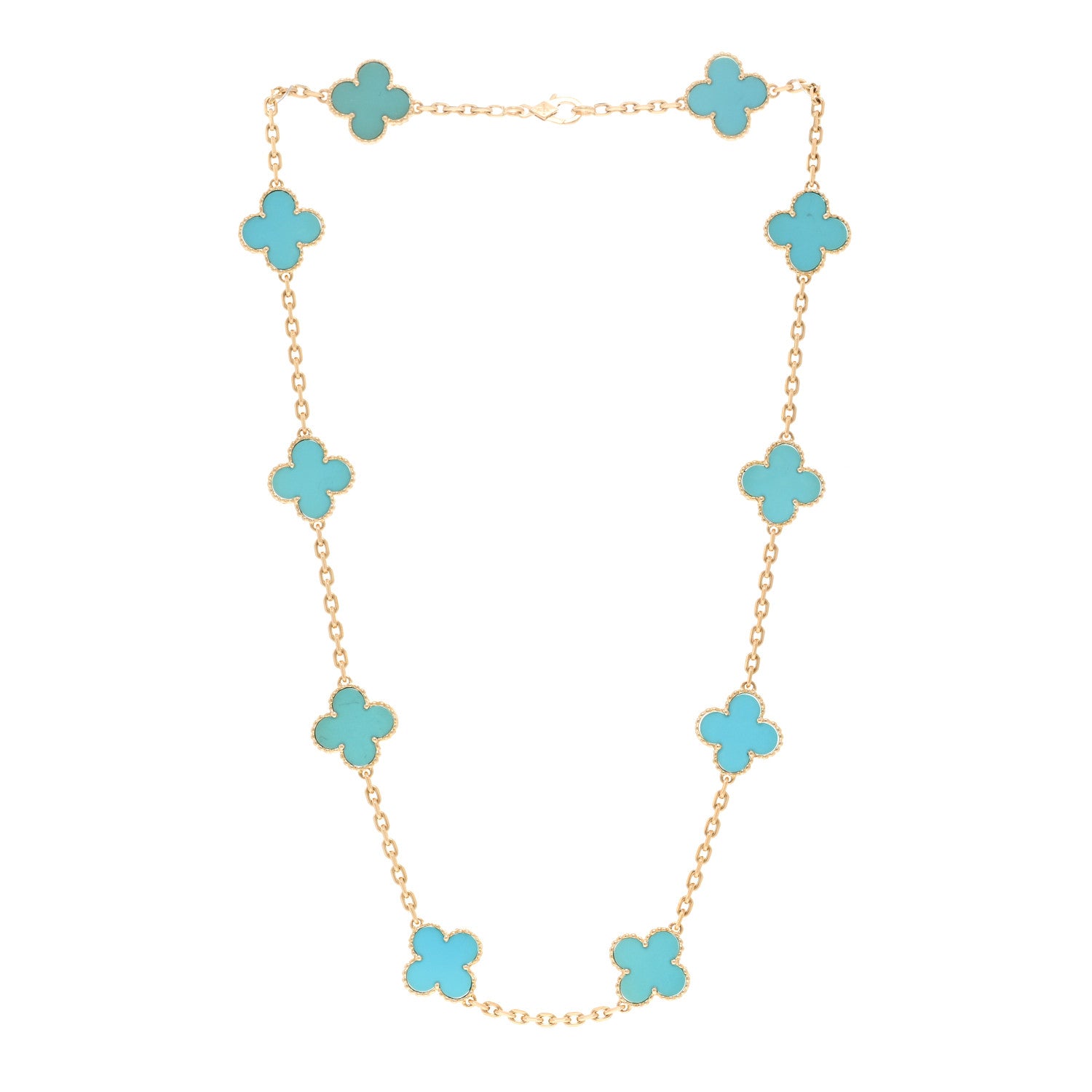Van Cleef & Arpels 18K Yellow Gold Turquoise 10 Motifs Vintage Alhambra Necklace 7 of 11