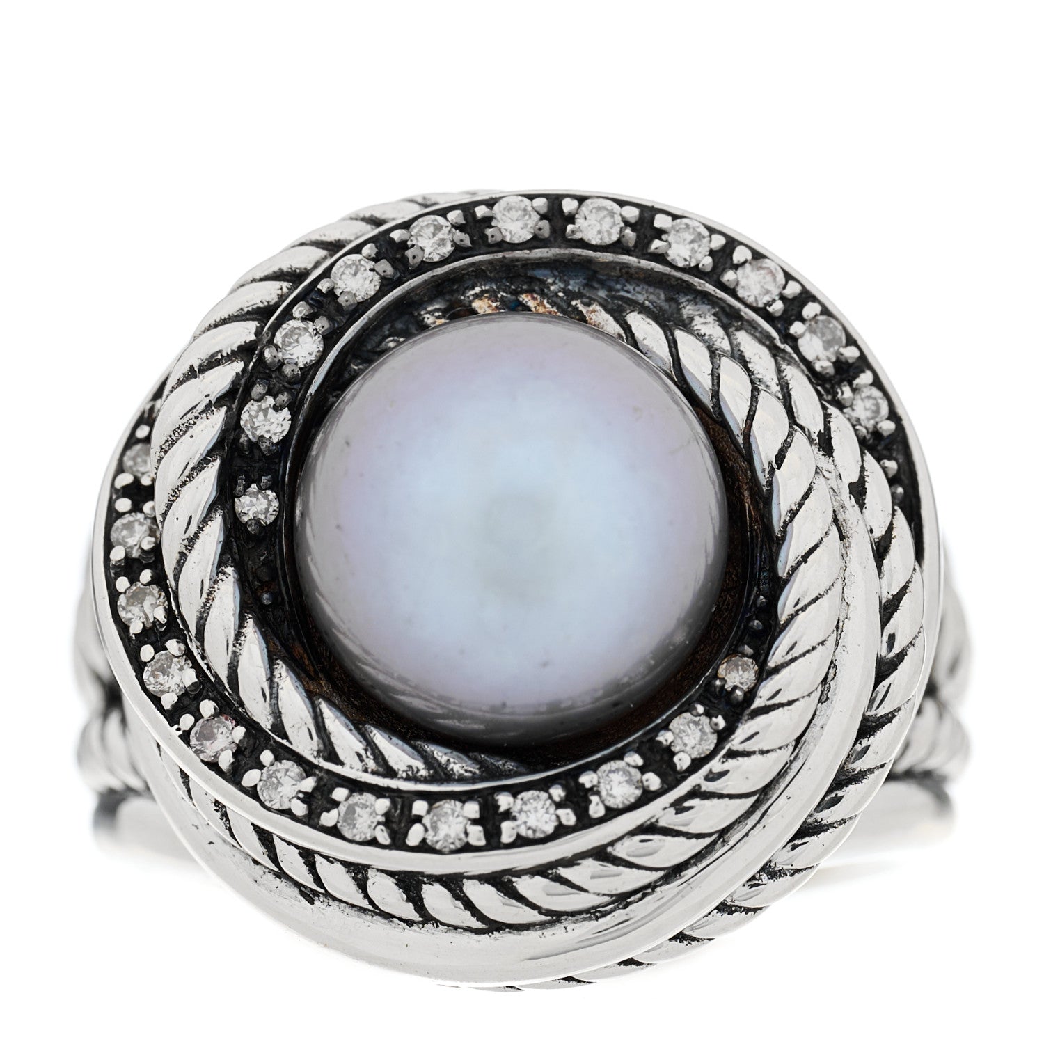 David Yurman Sterling Silver Diamond Pearl 10mm Crossover Ring 52 6 1 of 4