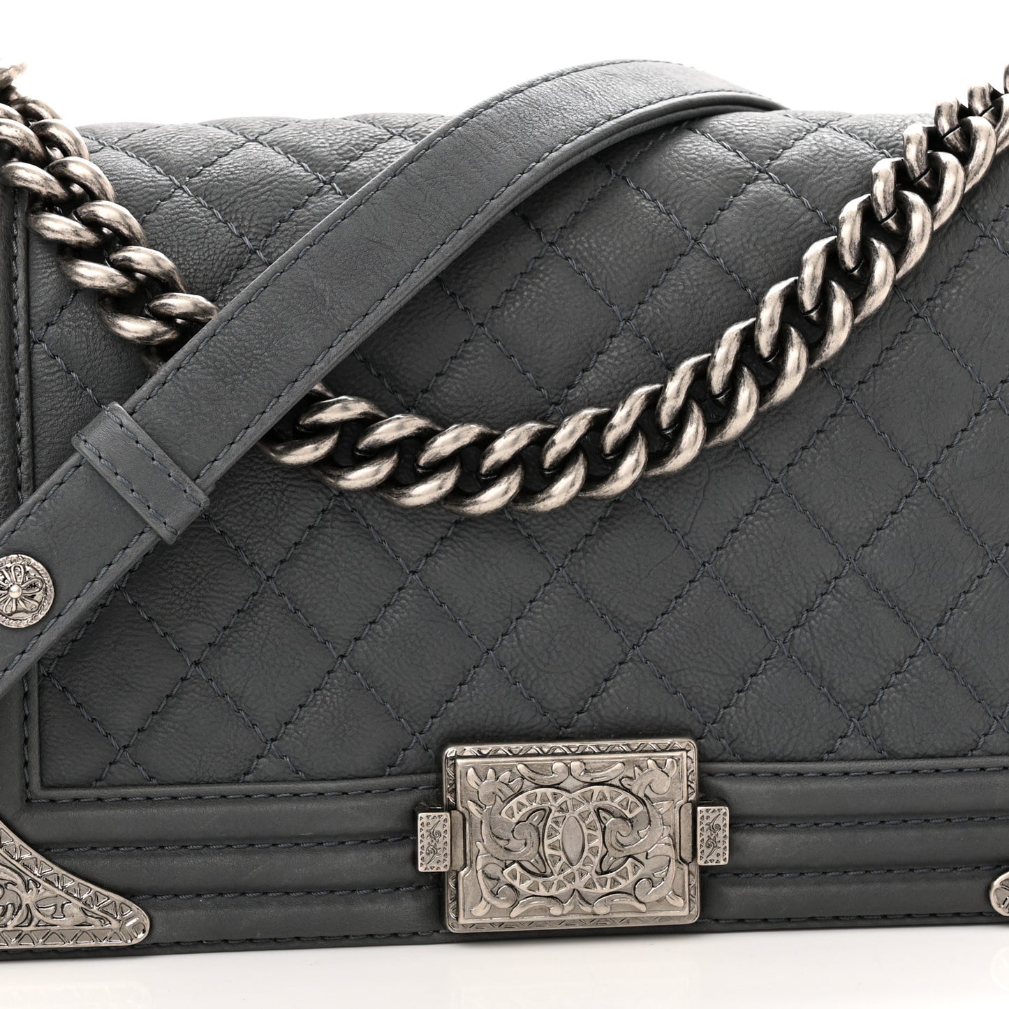 Calfskin Quilted Metal Embellished Paris Dallas Medium Boy Flap Grey