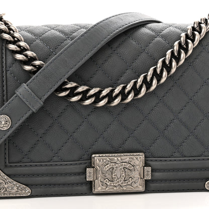 Chanel Calfskin Quilted Metal Embellished Paris Dallas Medium Boy Flap Grey 8 of 13