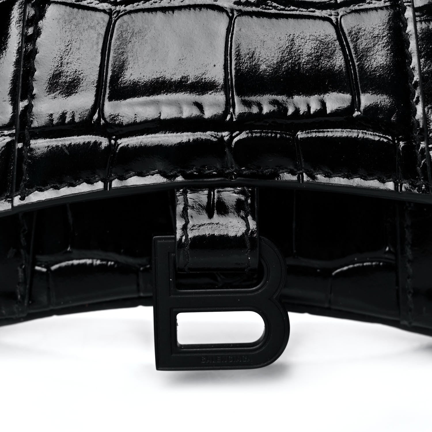Balenciaga Shiny Calfskin Monochrome Crocodile Embossed Hourglass Top Handle Bag Mini Black 7 of 9