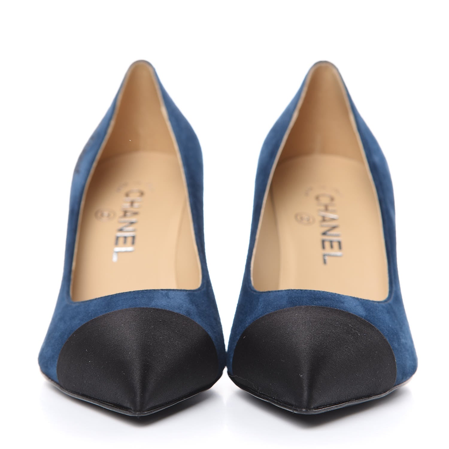 Chanel Suede Satin Cap Toe Gabrielle Pumps 37 Navy Black 2 of 10