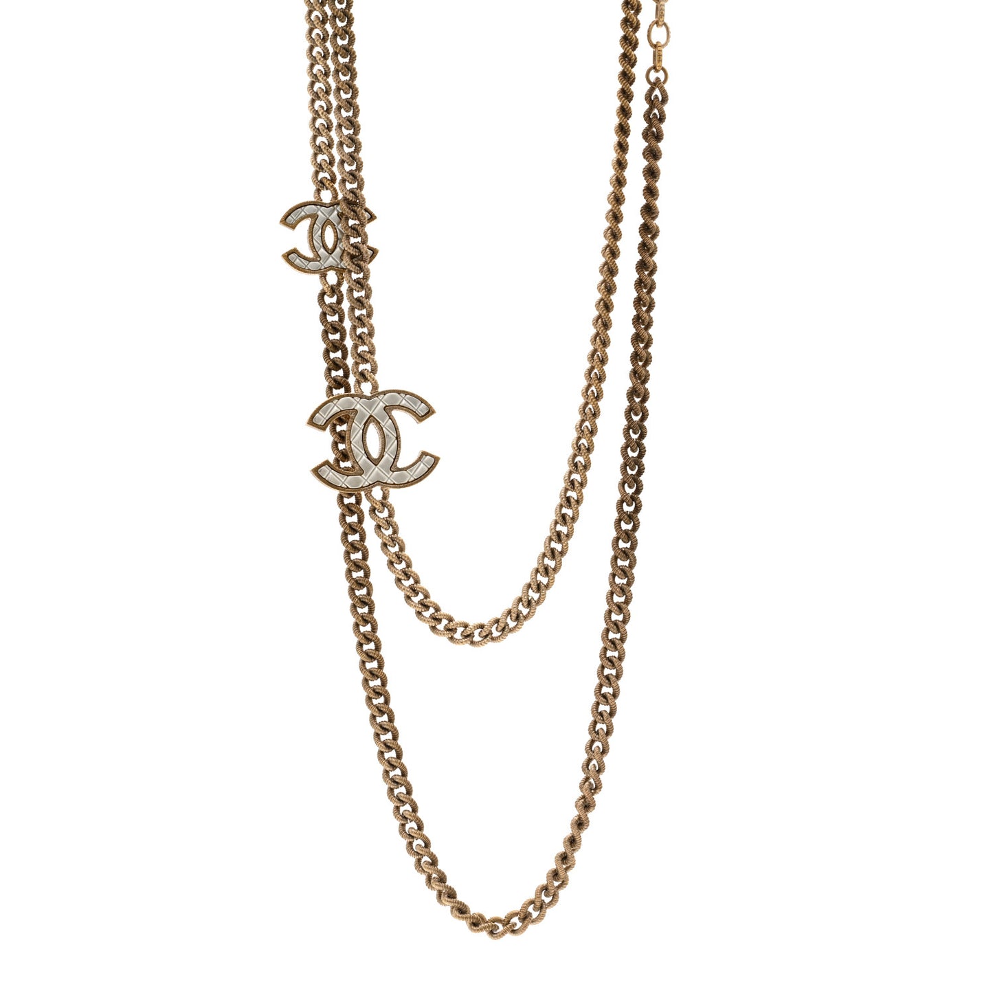 Metal Quilted CC Long Chain Necklace Gold Pearly White