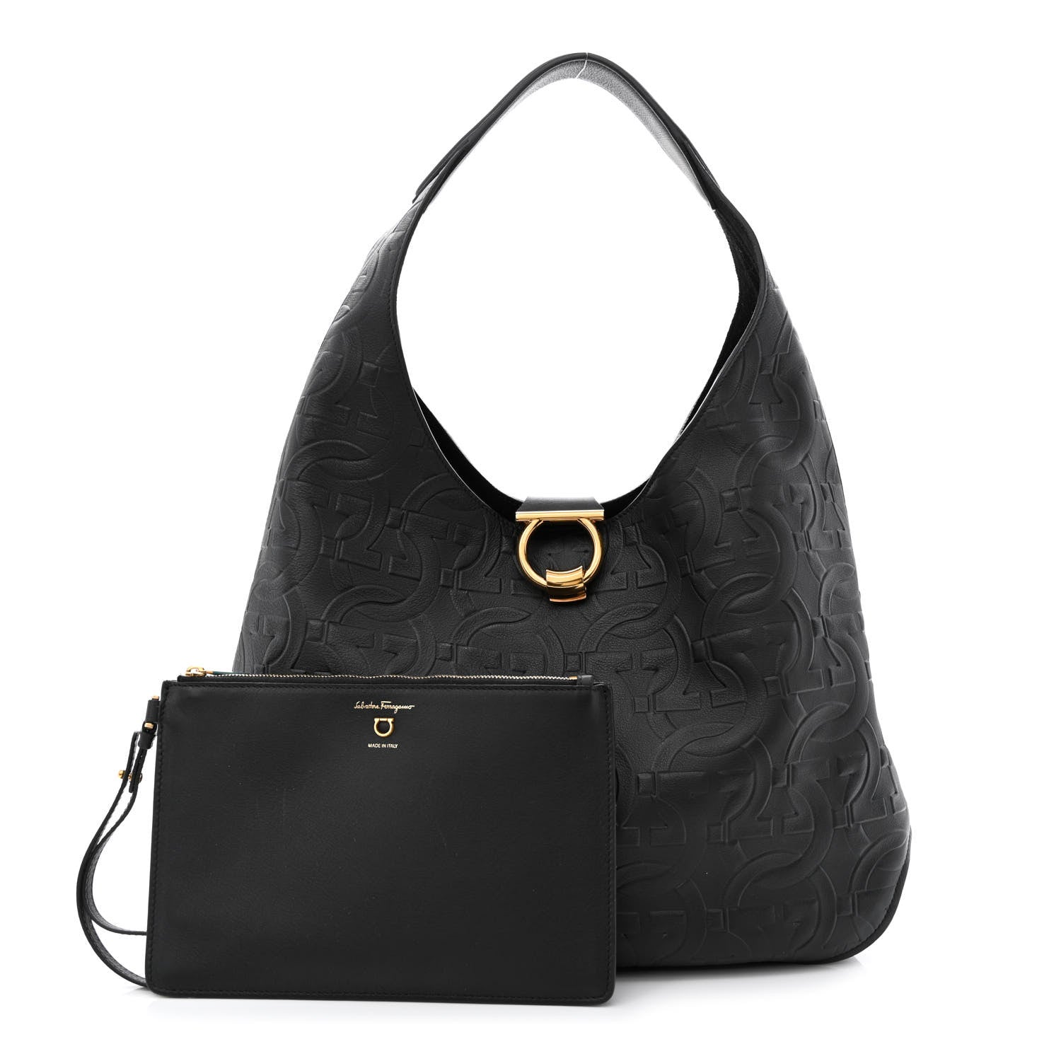 Salvatore Ferragamo Calfskin Embossed Gancini Margot Hobo Black 1 of 11