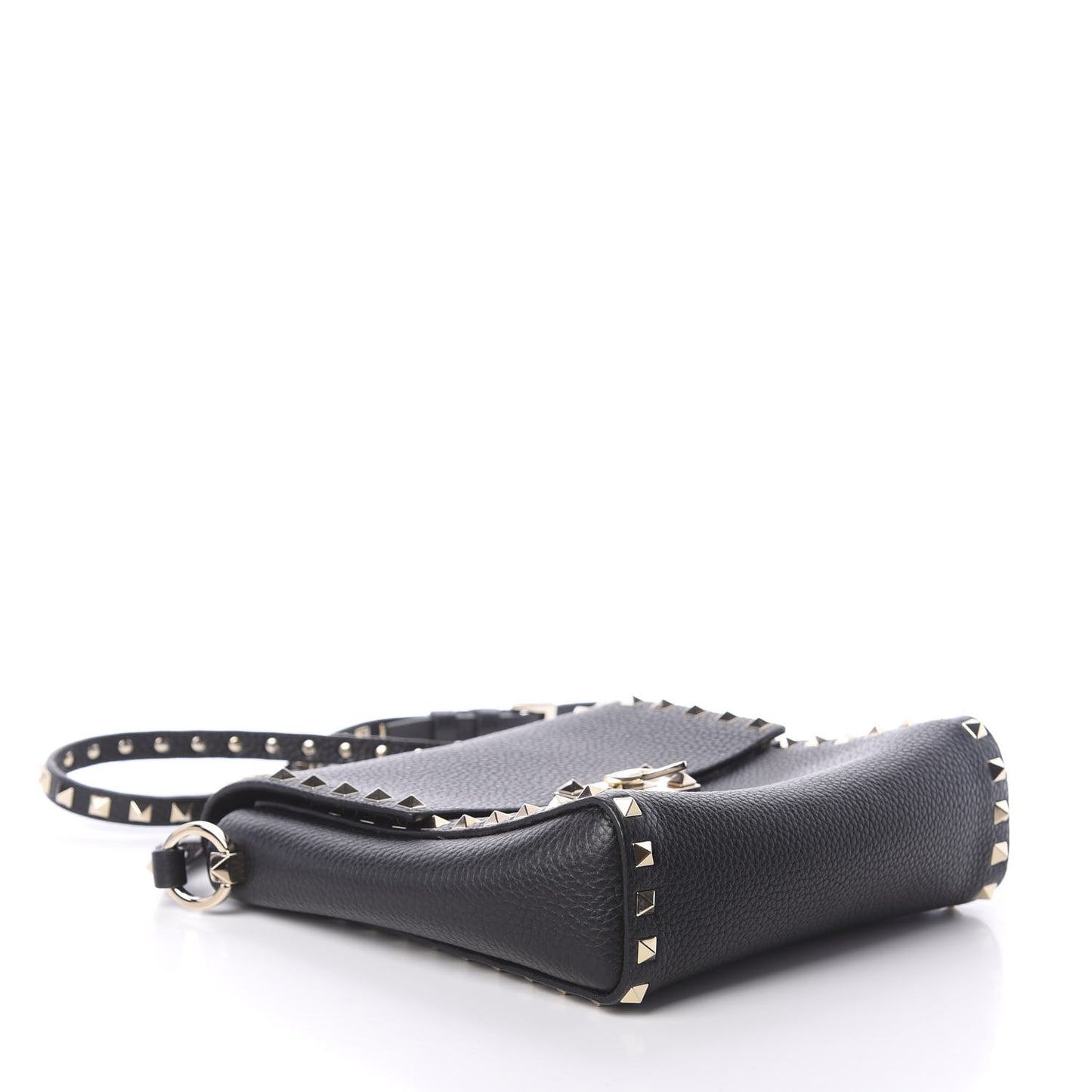 Pebbled Calfskin Rockstud Flip Lock Flap Messenger Black