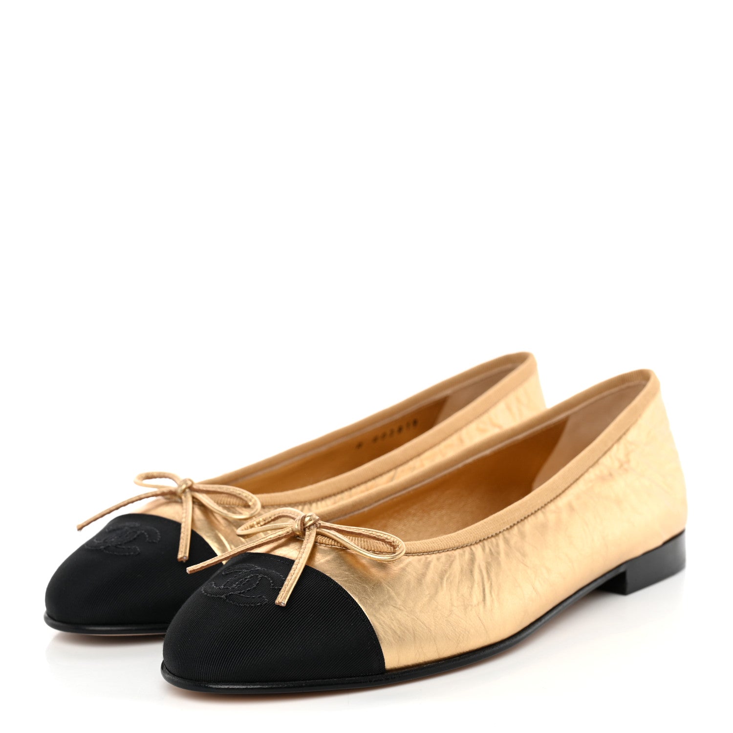 Chanel Metallic Laminated Lambskin Grosgrain CC Cap Toe Ballerina Flats 38 Dark Gold Black 3 of 11