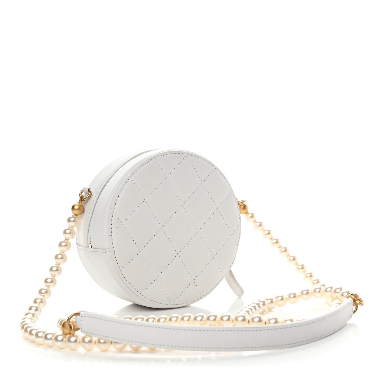 Calfskin Quilted About Pearls Round Clutch With Chain White