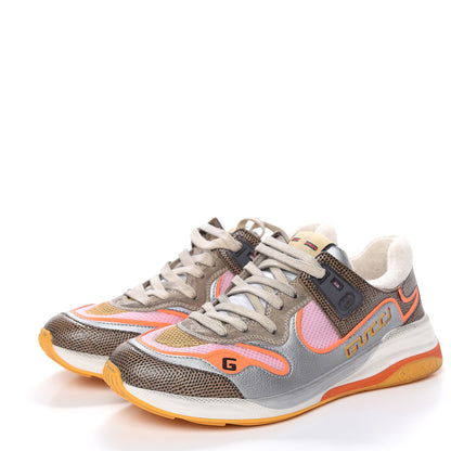 Gucci Calfskin Suede Mesh Lizard Embossed Womens Ultrapace Sneakers 40 Silver Anthracite Neon Orange 3 of 8