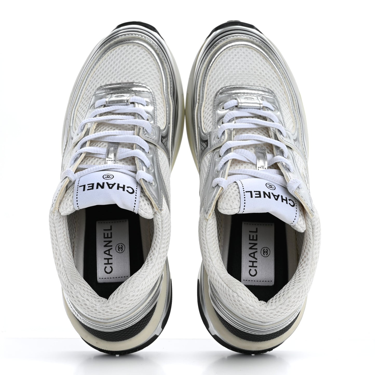Fabric Laminated Calfskin Stretch CC Sneakers 37 White Silver