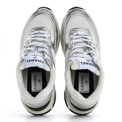 Chanel Fabric Laminated Calfskin Stretch CC Sneakers 37 White Silver 2 of 17
