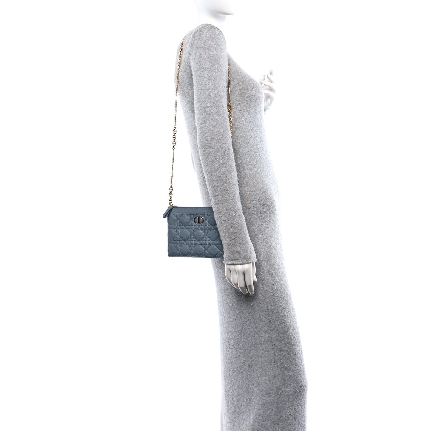 Calfskin Cannage Caro Zipped Pouch With Chain Cloud Blue