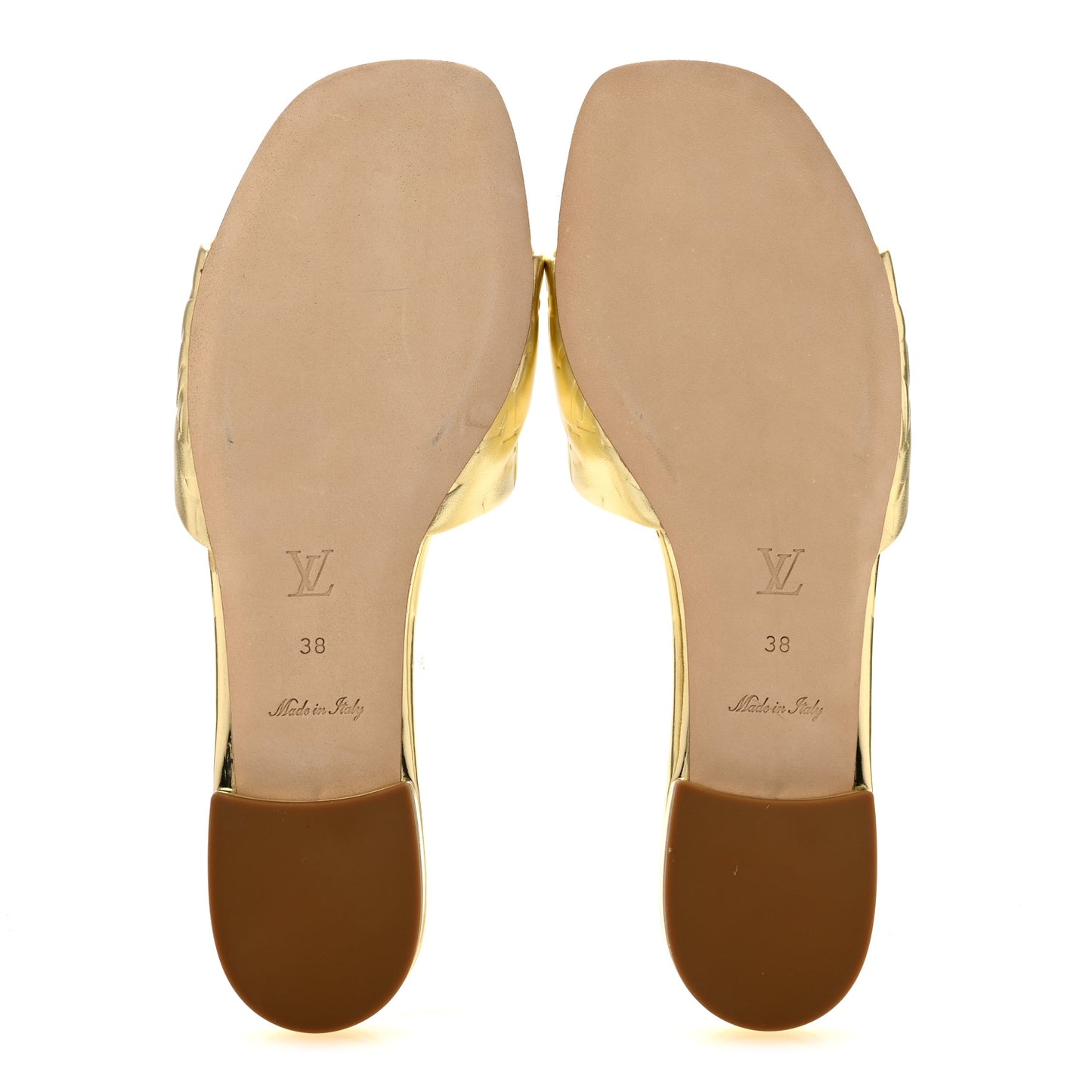 Metallic Lambskin Embossed Monogram Revival Flat Mules 38 Gold