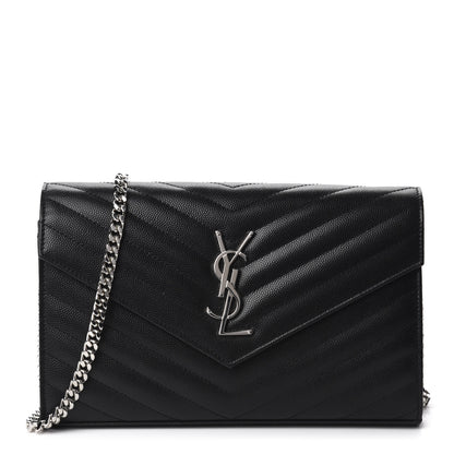 Saint Laurent Grain De Poudre Matelasse Chevron Monogram Chain Wallet Black 1 of 13
