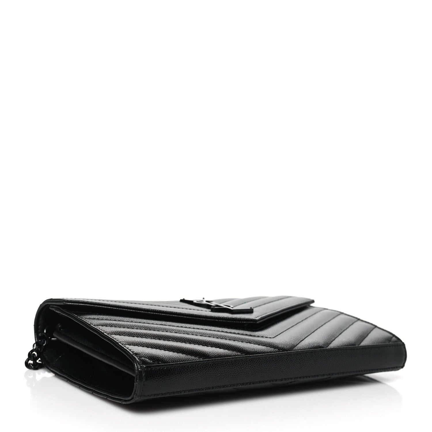 Saint Laurent Grain De Poudre Matelasse Chevron Monogram Monochrome Chain Wallet Black 4 of 10