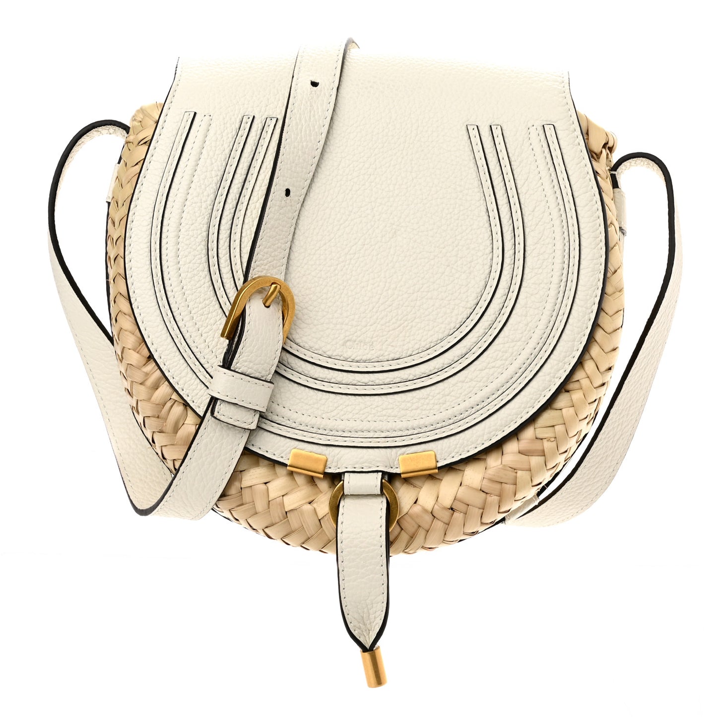 Raffia Small Grain Calfskin Small Marcie Basket Crossbody White