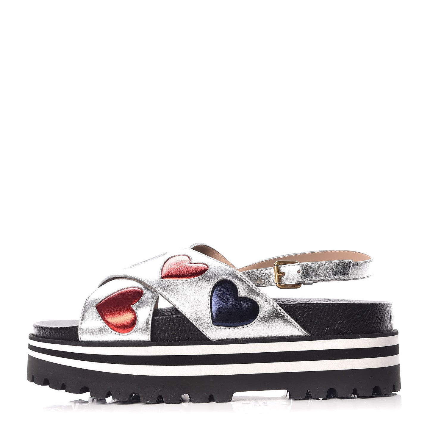 Metallic Nappa Silk Sunrise Heart Crossover Platform Lug Sole Sandals 39 Argento
