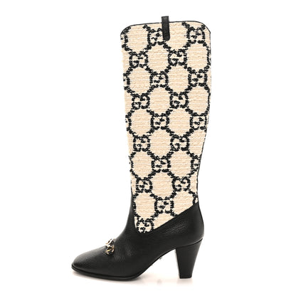 Gucci Tweed GG Monogram Wrinkled Kid Zumi Knee Boots 39.5 Natural Black 1 of 10