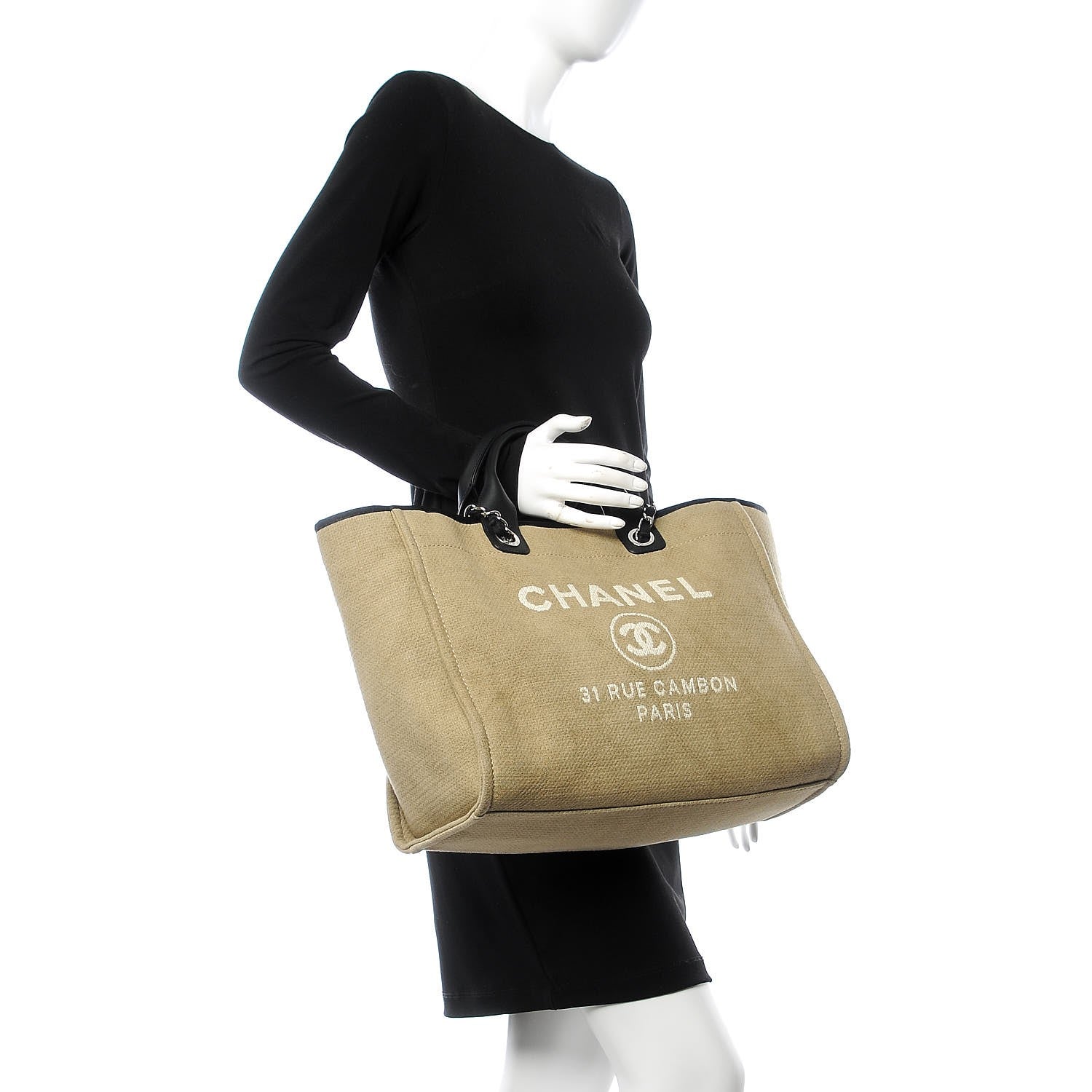 Chanel Canvas Large Deauville Tote Beige Black 2 of 8